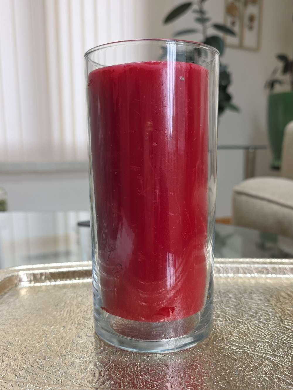 Libbey Red Pillar Candle in Clear Glass Vase